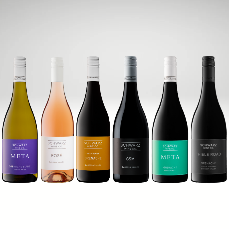 Six different wine bottles that are made of grenache on a light gray background to make up the 6 bottle grenache pack.