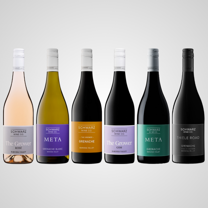 Six different wine bottles that are made of grenache on a light gray background to make up the 6 bottle grenache pack. 