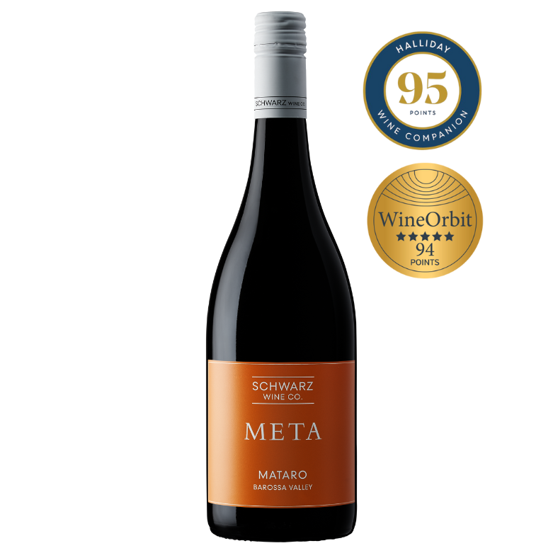 'Meta' Mataro wine bottle with halliday 95 points rating and wine orbit 94 points badges on a white background