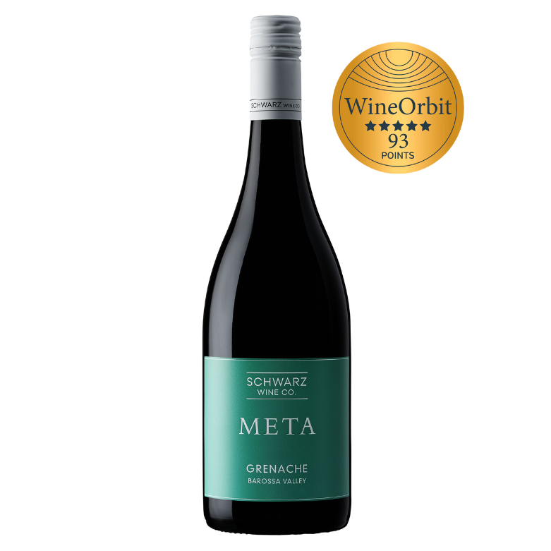 Meta Grenache wine bottle with and 93 points Wine Orbit award on a white background