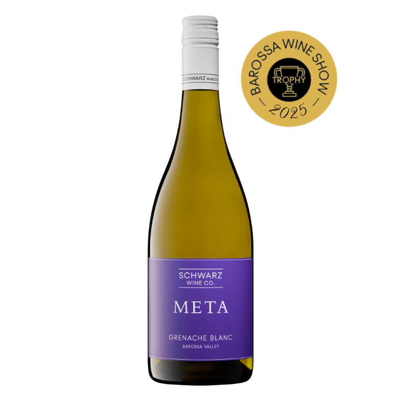Bottle of Schwarz Wine Co. Meta Grenache Blanc with a Barossa Wine Show trophy badge on a white background