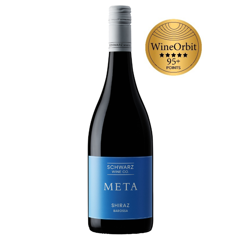 Bottle of Meta Shiraz wine with a WineOrbit rating badge on a white background