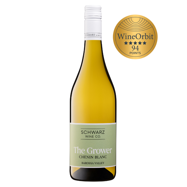 Bottle of Schwarz Wine Co. 'The Grower' Chenin Blanc with Wine Orbit score badge on a white background