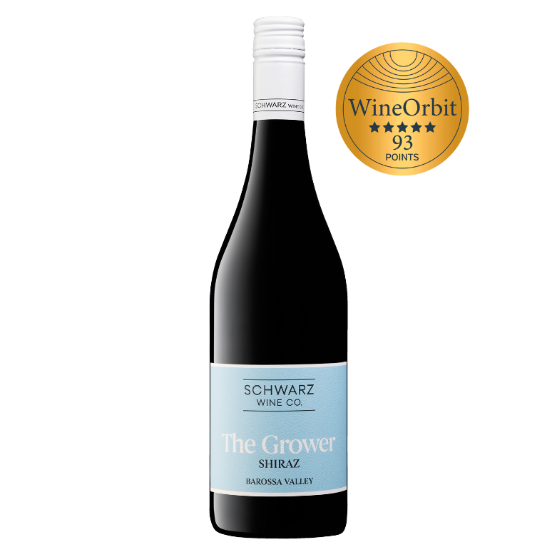 Wine bottle labeled 'The Grower Shiraz' from Schwarz Wine Co. with a 93 points Wine Orbit rating badge on a white background.