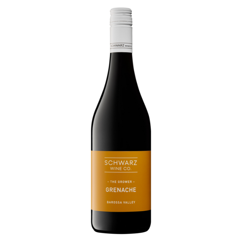 Wine bottle labeled 'The Grower Grenache' by Schwarz Wine Co. with a yellow label on a white background