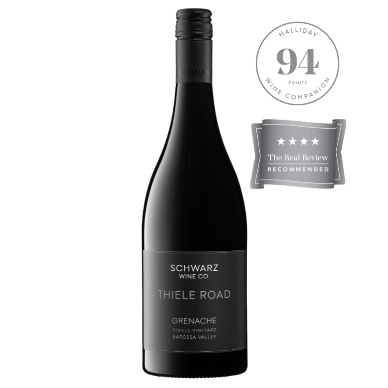 Thiele Road wine bottle with Halliday Wine Companion rating on a white background